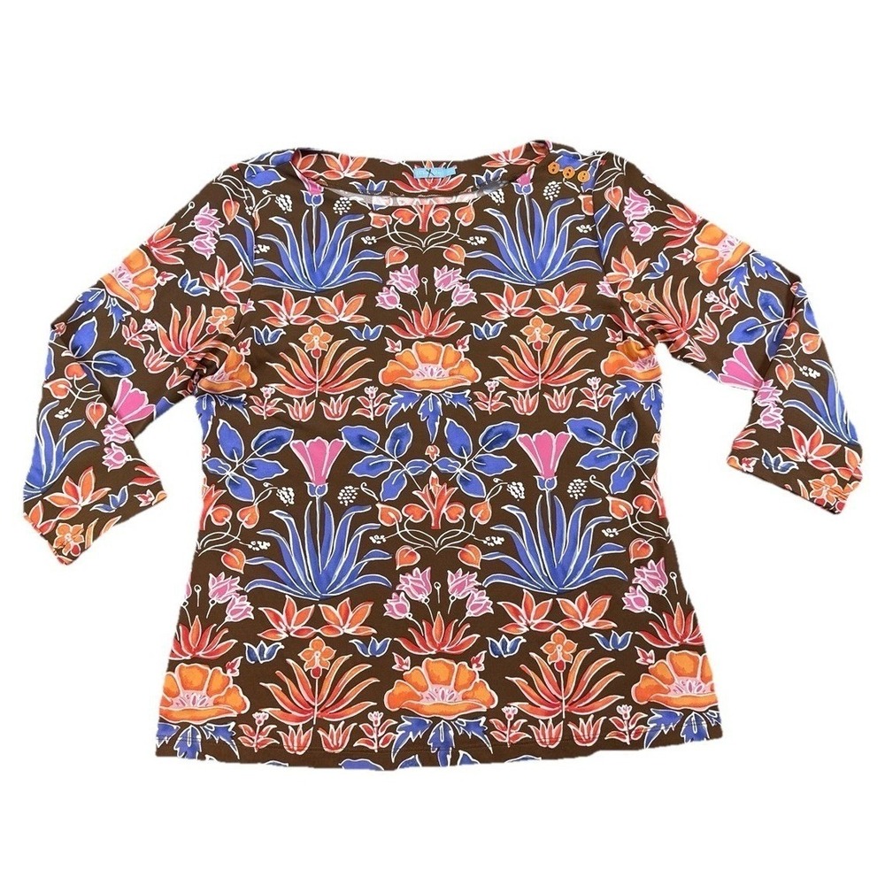 J. McLaughlin‎ Wavesong Stained Glass Floral Neoprene Blouse 3/4 Slv Sz L Preppy